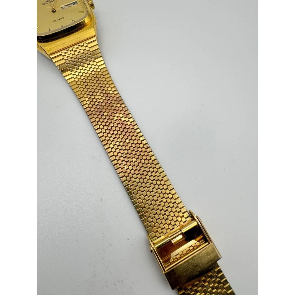 Vintage Quintel Watch Mens TV Case Mesh Band Day Date Quartz Retro WORKING